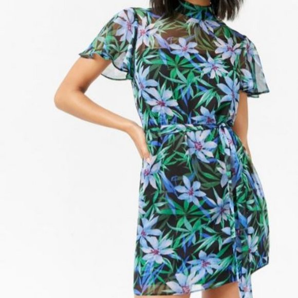 Blue & Green Floral Print Semi-Sheer Dress Forever 21 Size Small - Picture 4 of 11